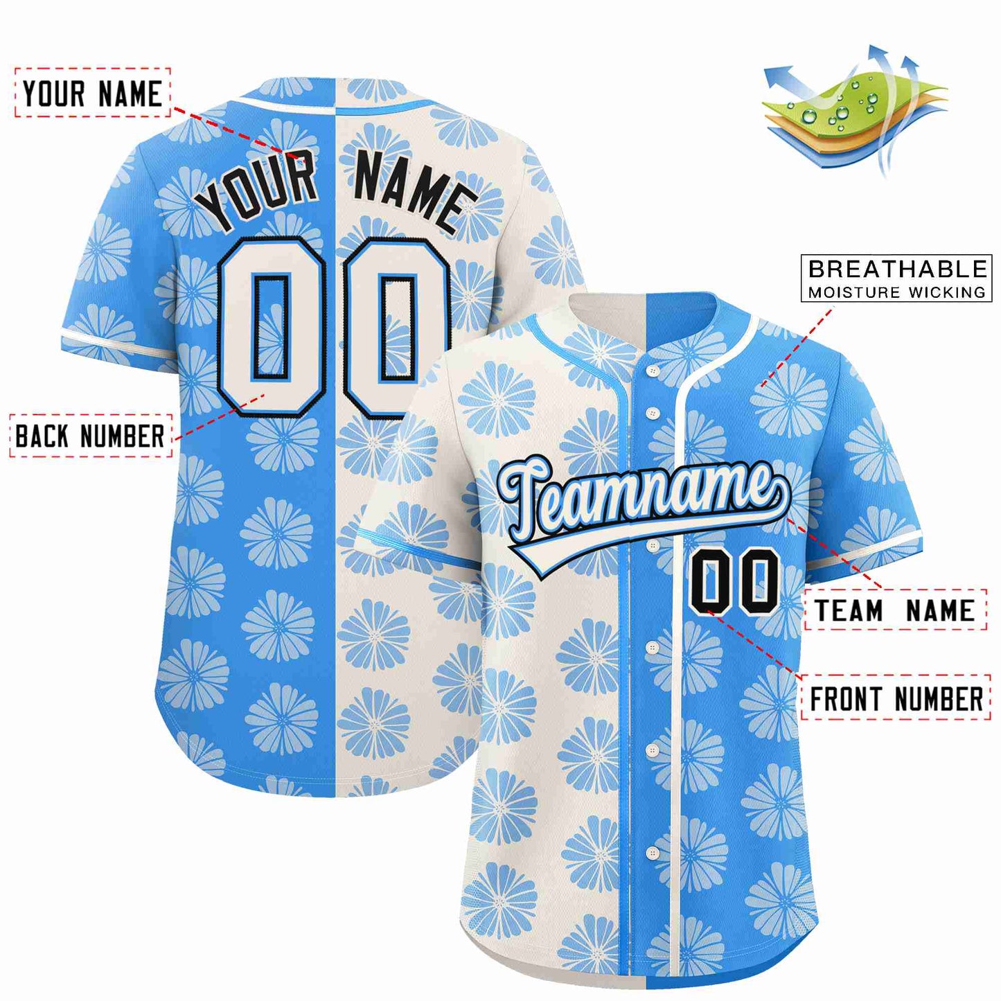 Custom Cream Powder Blue Split Fashion Flower Graffiti Pattern Authentic Baseball Jersey