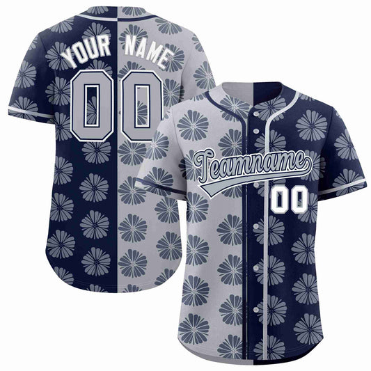 Custom Light Gray Navy Split Fashion Flower Graffiti Pattern Authentic Baseball Jersey