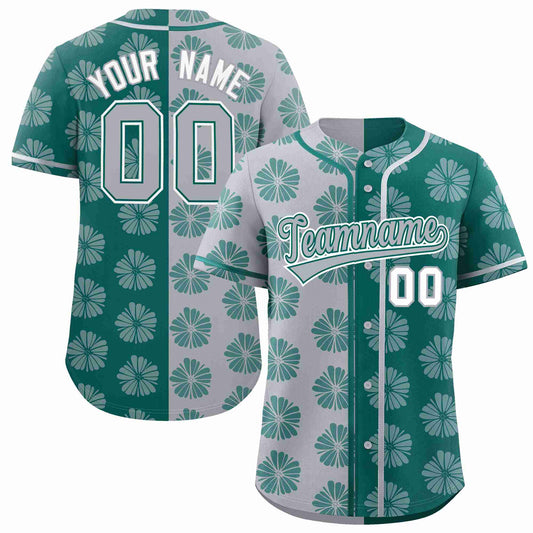 Custom Light Gray Aqua Split Fashion Flower Graffiti Pattern Authentic Baseball Jersey