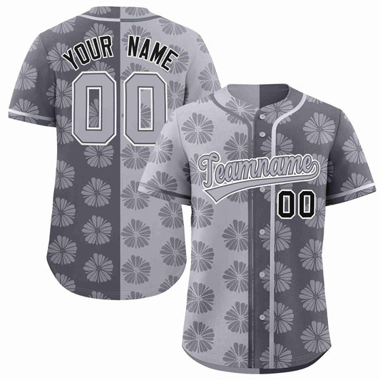 Custom Light Gray Dark Gray Split Fashion Flower Graffiti Pattern Authentic Baseball Jersey