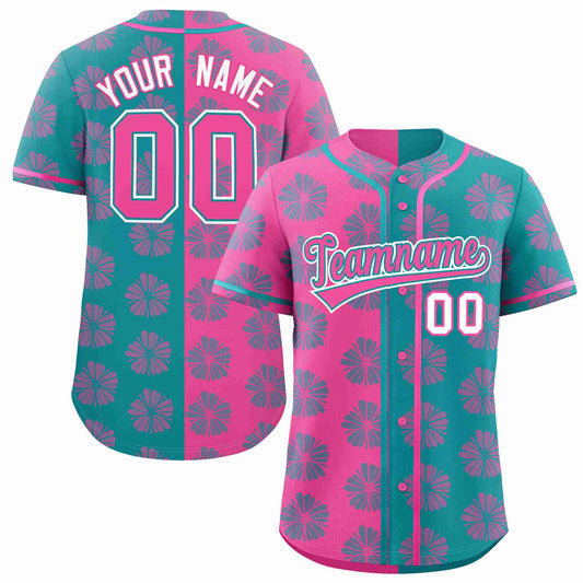 Custom Pink Aqua Split Fashion Flower Graffiti Pattern Authentic Baseball Jersey