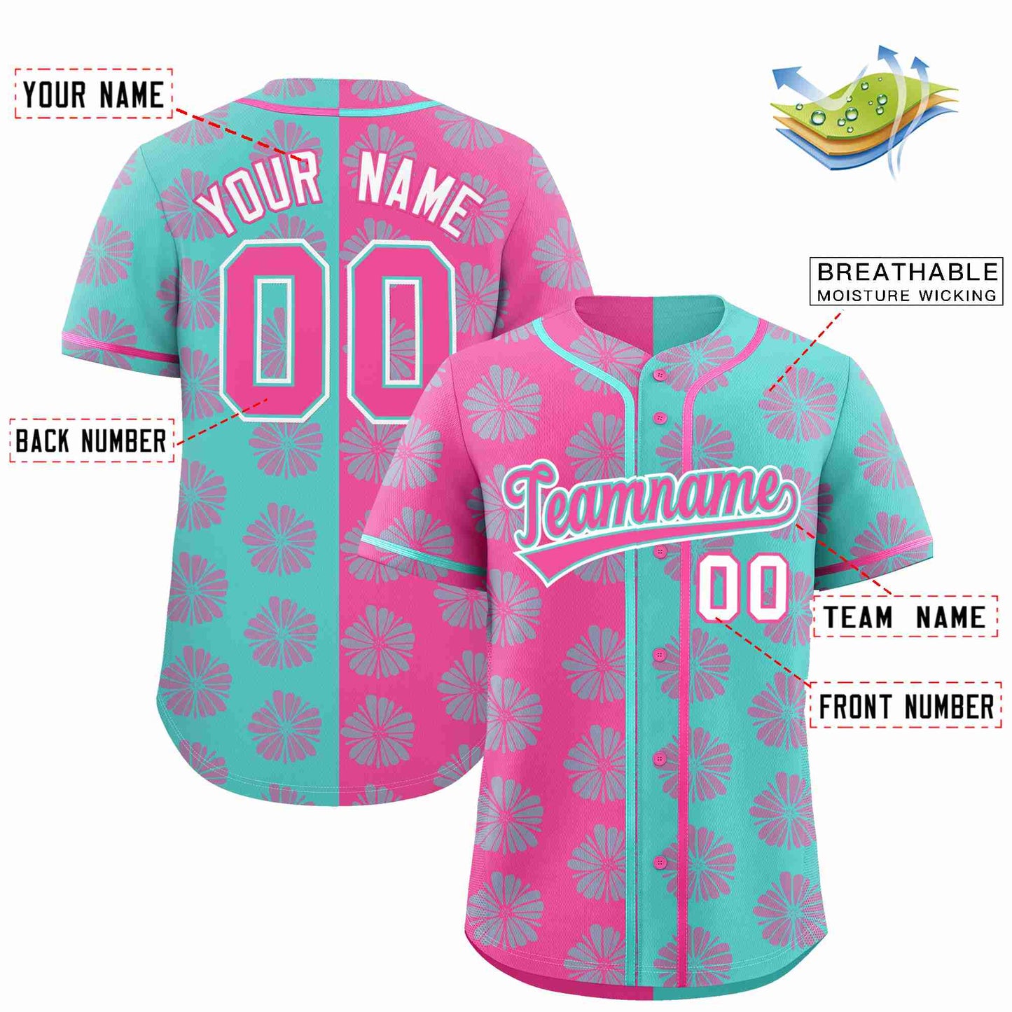 Custom Pink Aqua Split Fashion Flower Graffiti Pattern Authentic Baseball Jersey