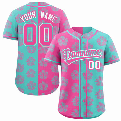 Custom Pink Aqua Split Fashion Flower Graffiti Pattern Authentic Baseball Jersey