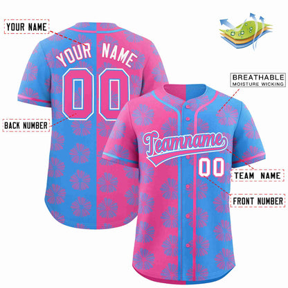 Custom Pink Powder Blue Split Fashion Flower Graffiti Pattern Authentic Baseball Jersey