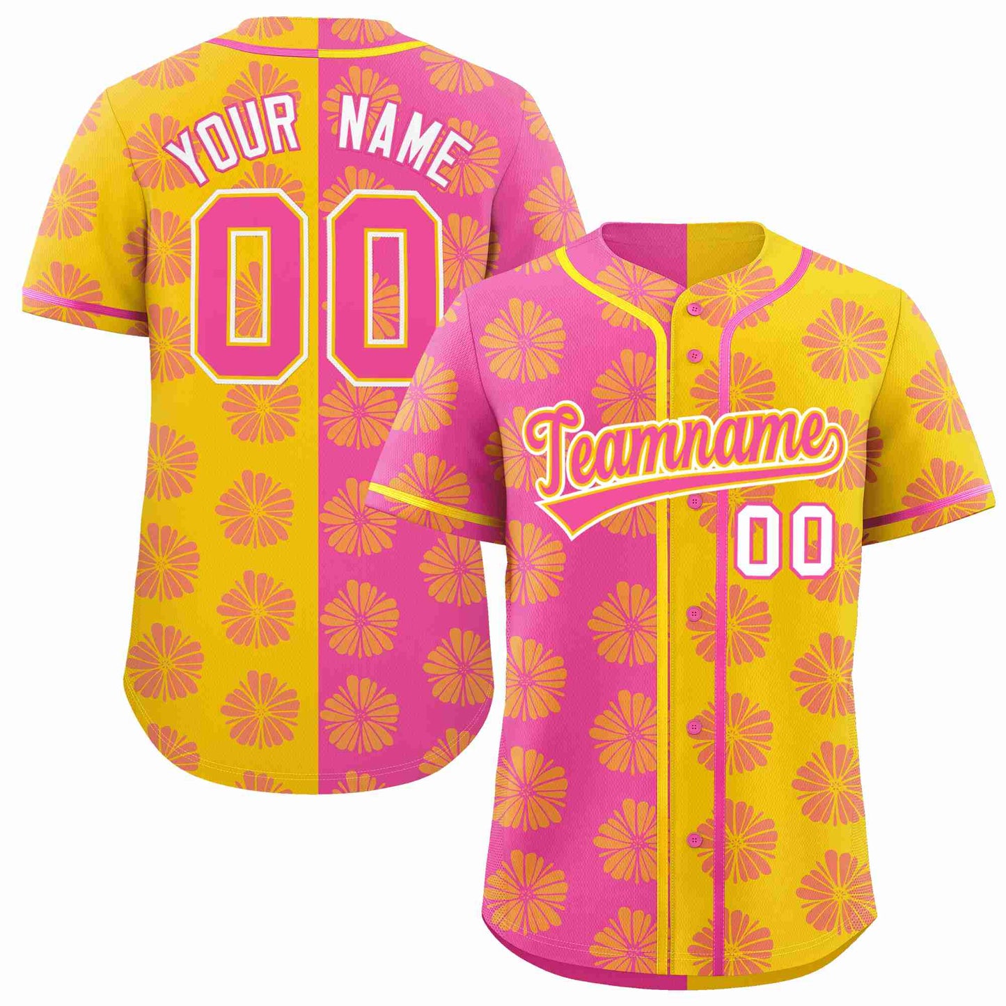 Custom Pink Gold Split Fashion Flower Graffiti Pattern Authentic Baseball Jersey