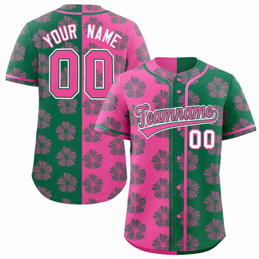 Custom Pink Kelly Green Split Fashion Flower Graffiti Pattern Authentic Baseball Jersey