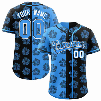 Custom Powder Blue Black Split Fashion Flower Graffiti Pattern Authentic Baseball Jersey