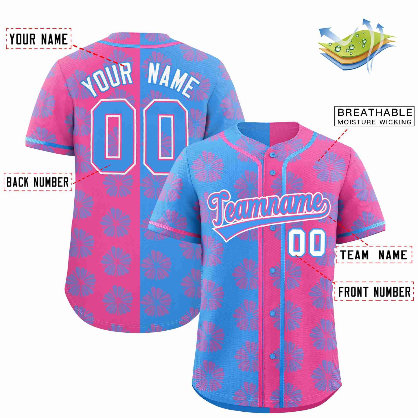 Custom Powder Blue Pink Split Fashion Flower Graffiti Pattern Authentic Baseball Jersey