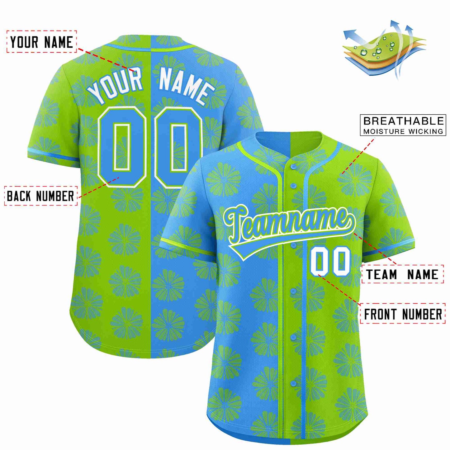 Custom Powder Blue Neon Green Split Fashion Flower Graffiti Pattern Authentic Baseball Jersey