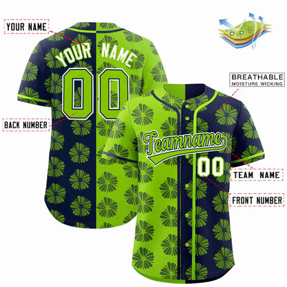 Custom Neon Green Navy Split Fashion Flower Graffiti Pattern Authentic Baseball Jersey