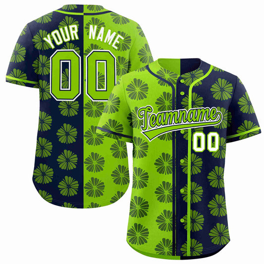 Custom Neon Green Navy Split Fashion Flower Graffiti Pattern Authentic Baseball Jersey