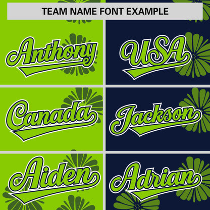 Custom Neon Green Navy Split Fashion Flower Graffiti Pattern Authentic Baseball Jersey