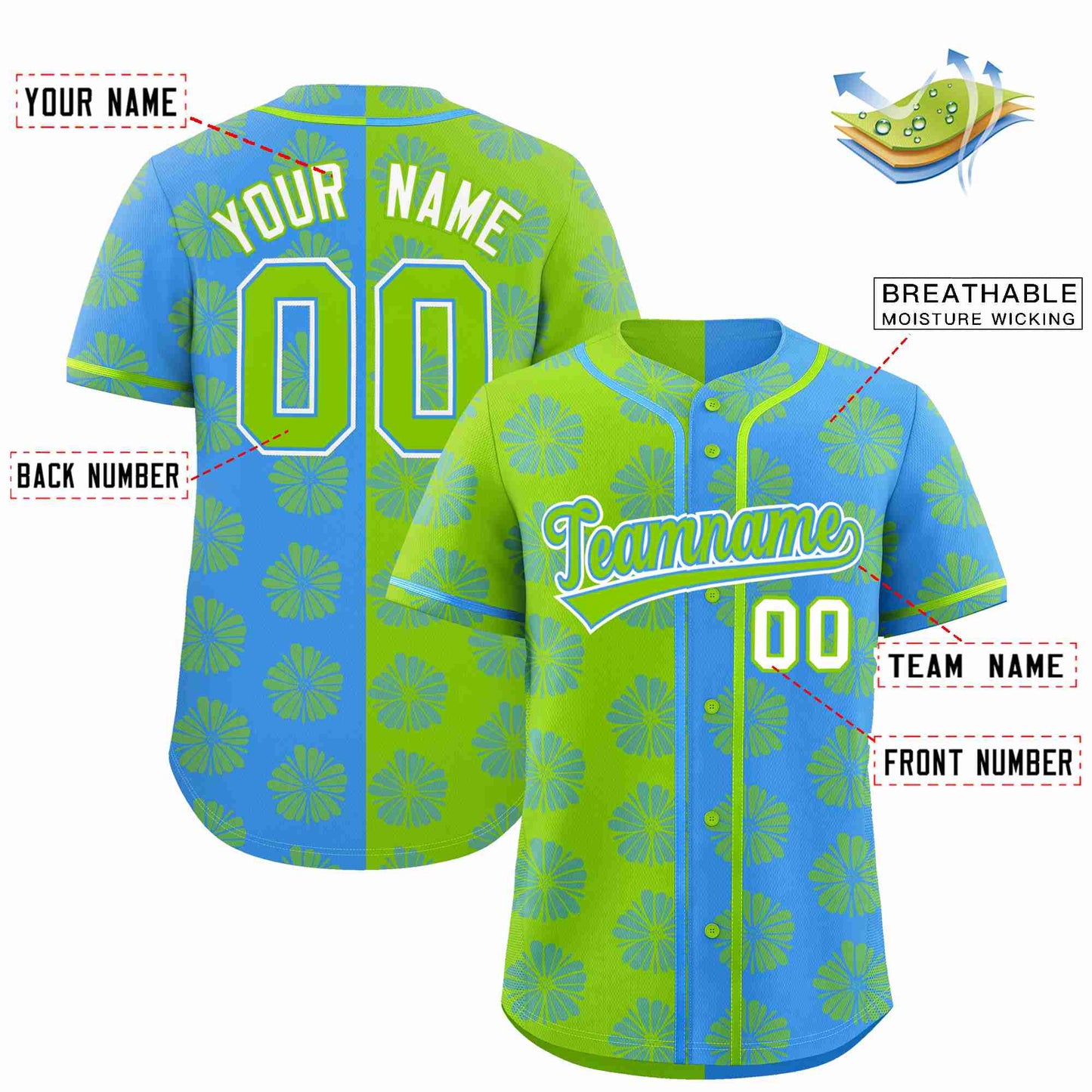 Custom Neon Green Powder Blue Split Fashion Flower Graffiti Pattern Authentic Baseball Jersey