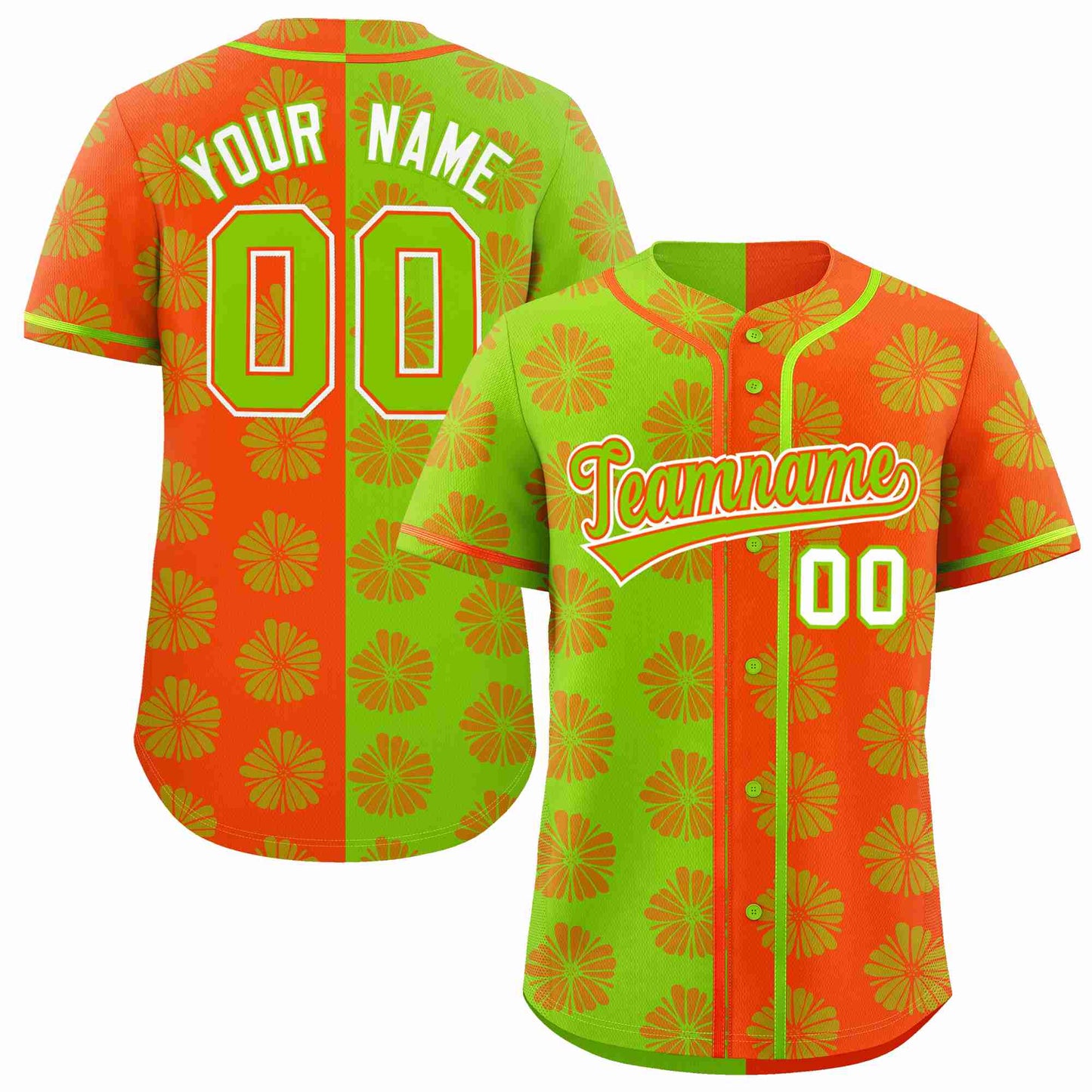 Custom Neon Green Orange Split Fashion Flower Graffiti Pattern Authentic Baseball Jersey