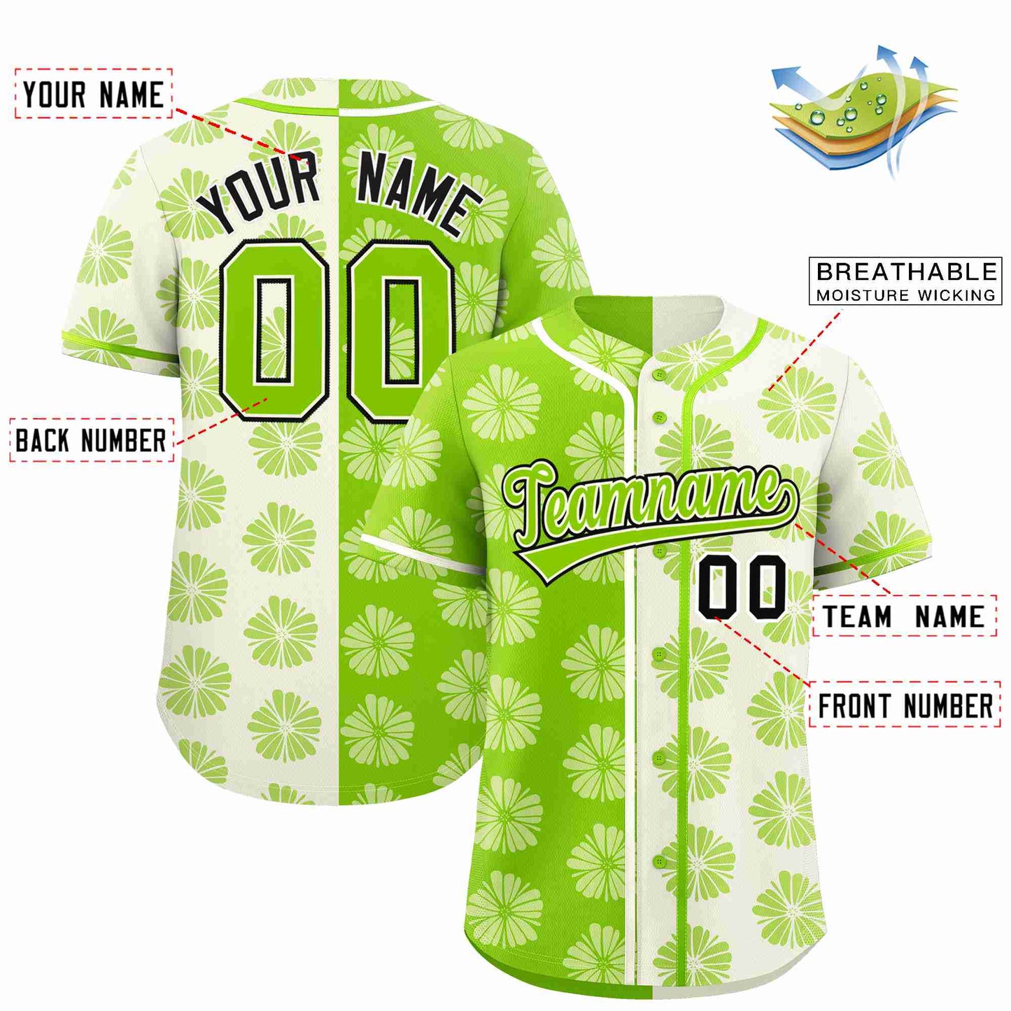 Custom Neon Green Cream Split Fashion Flower Graffiti Pattern Authentic Baseball Jersey