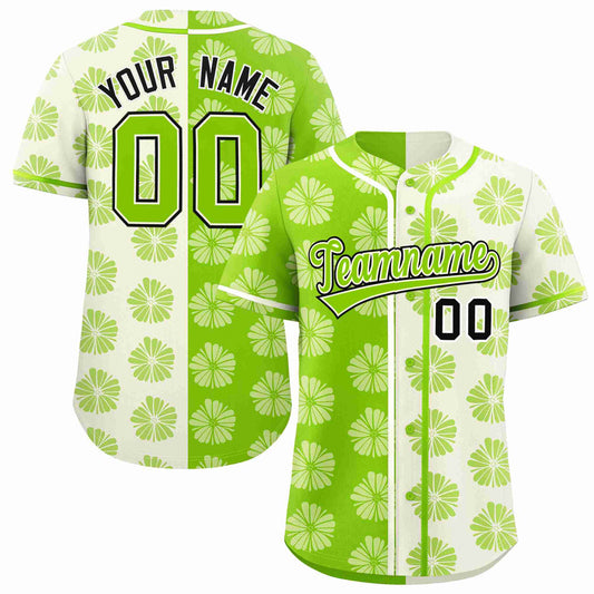 Custom Neon Green Cream Split Fashion Flower Graffiti Pattern Authentic Baseball Jersey