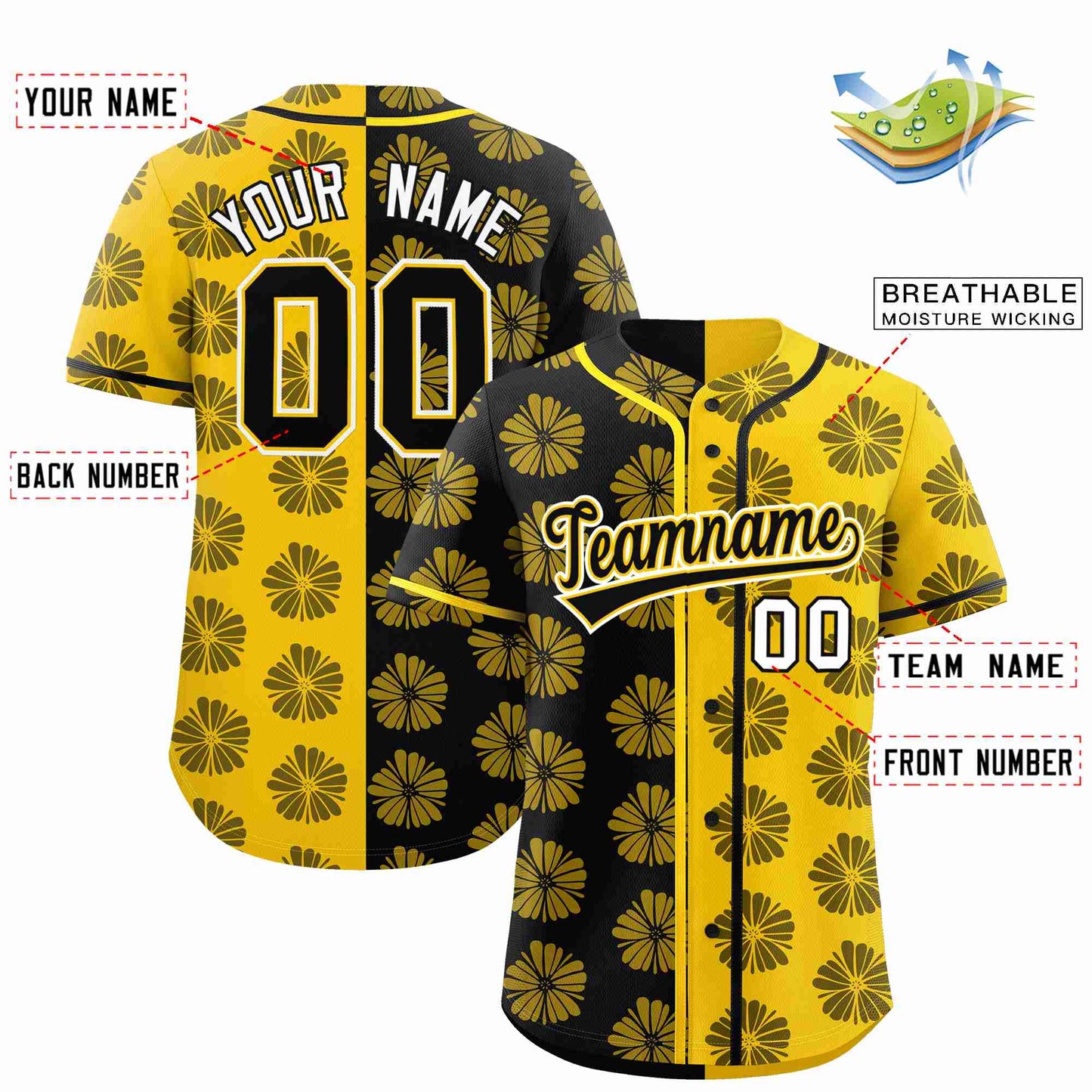 Custom Black Gold Split Fashion Flower Graffiti Pattern Authentic Baseball Jersey