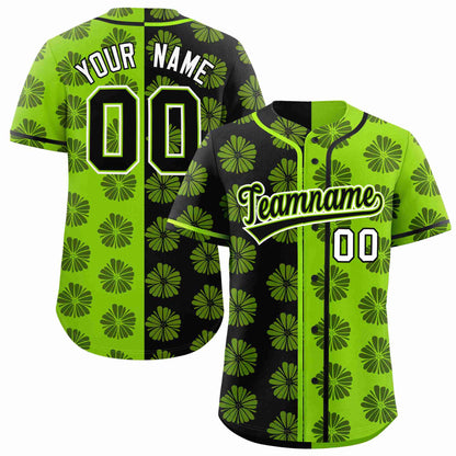 Custom Black Neon Green Split Fashion Flower Graffiti Pattern Authentic Baseball Jersey