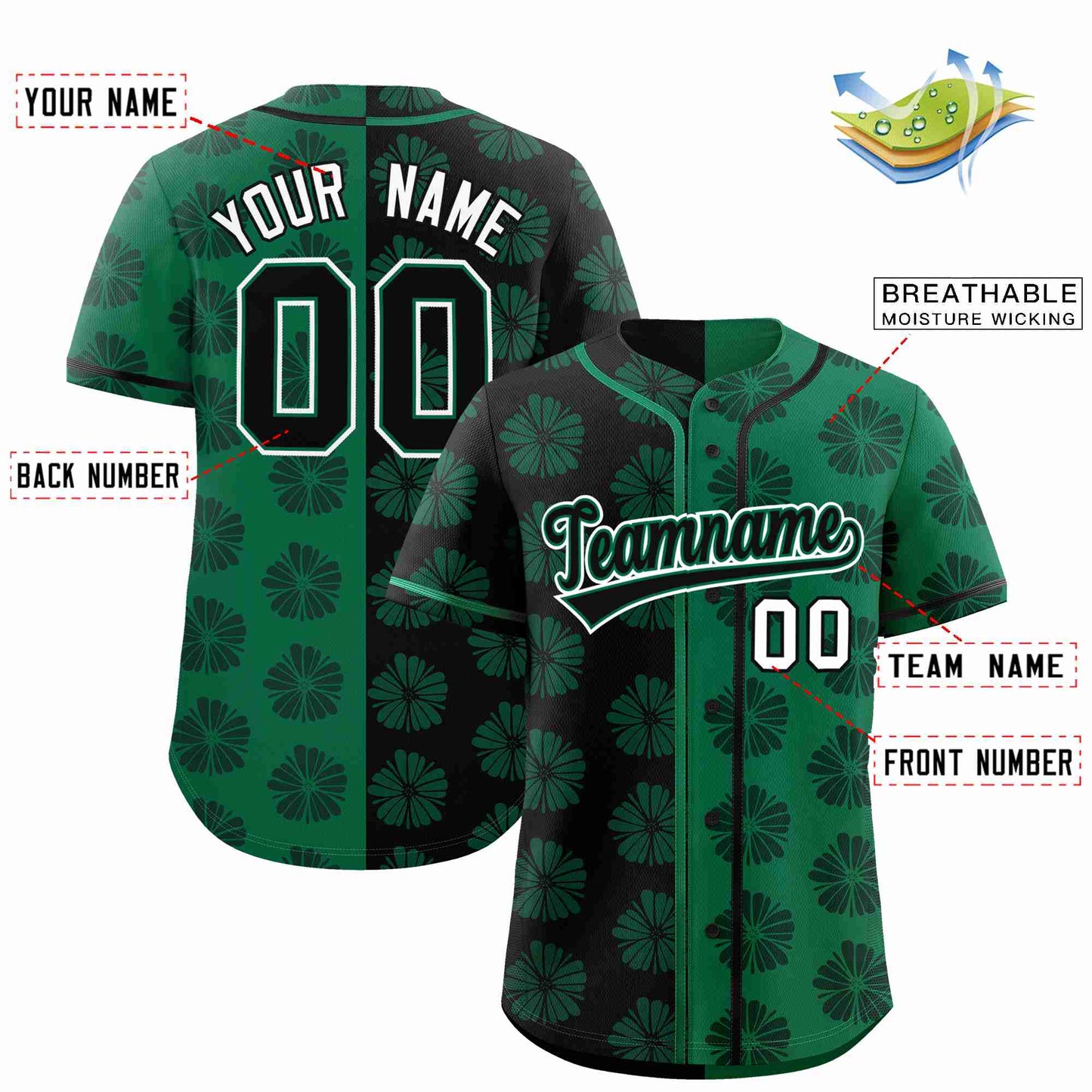 Custom Black Kelly Green Split Fashion Flower Graffiti Pattern Authentic Baseball Jersey