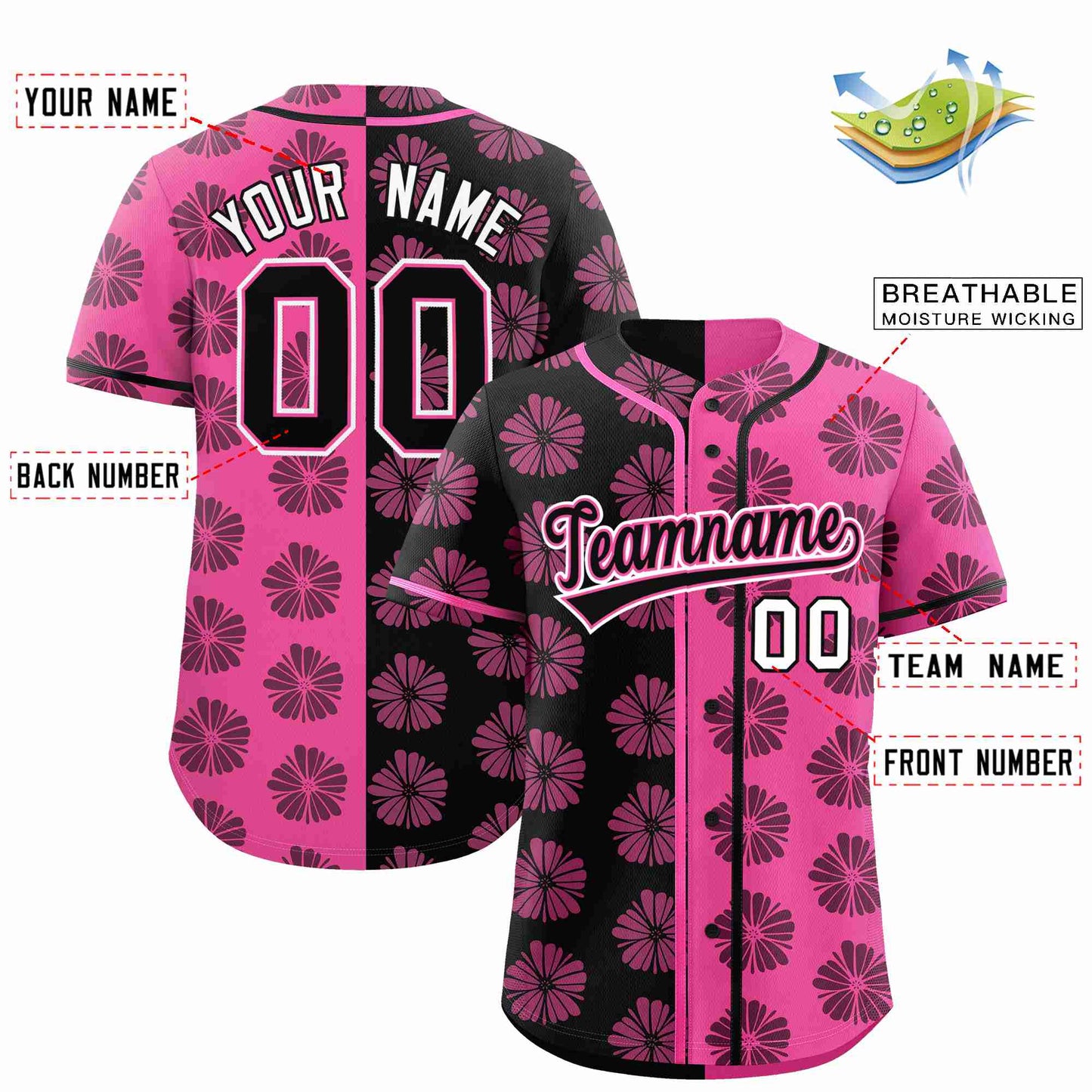 Custom Black Pink Split Fashion Flower Graffiti Pattern Authentic Baseball Jersey