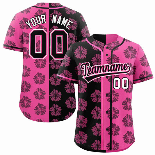 Custom Black Pink Split Fashion Flower Graffiti Pattern Authentic Baseball Jersey