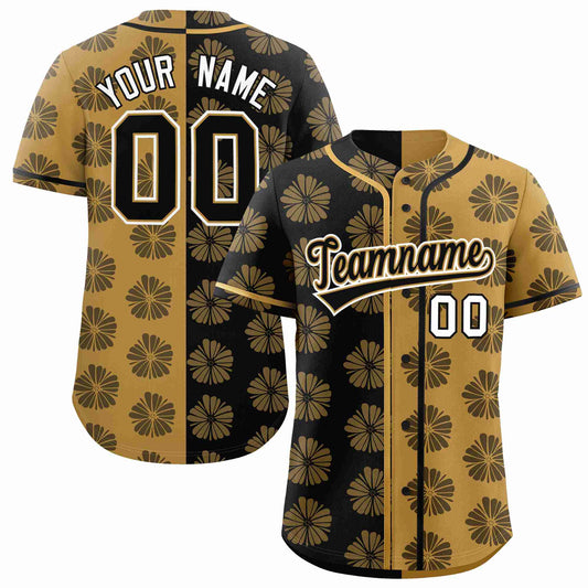 Custom Black Old Gold Split Fashion Flower Graffiti Pattern Authentic Baseball Jersey