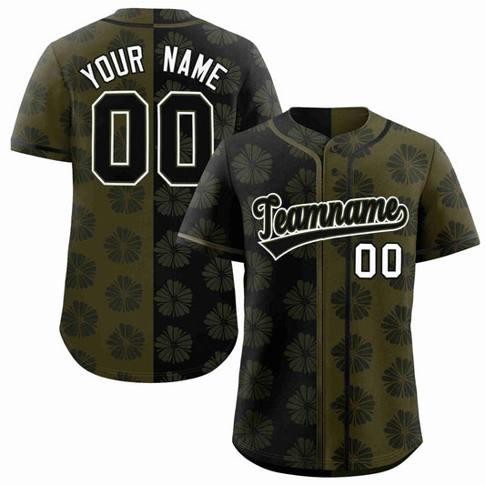 Custom Black Olive Split Fashion Flower Graffiti Pattern Authentic Baseball Jersey