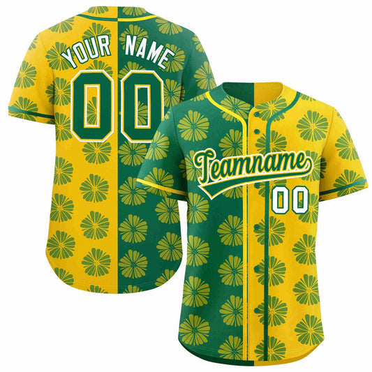 Custom Kelly Green Gold Split Fashion Flower Graffiti Pattern Authentic Baseball Jersey