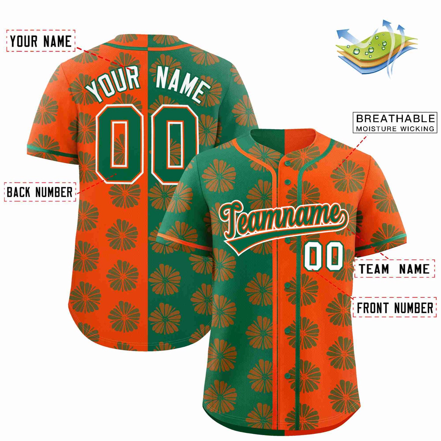 Custom Kelly Green Orange Split Fashion Flower Graffiti Pattern Authentic Baseball Jersey