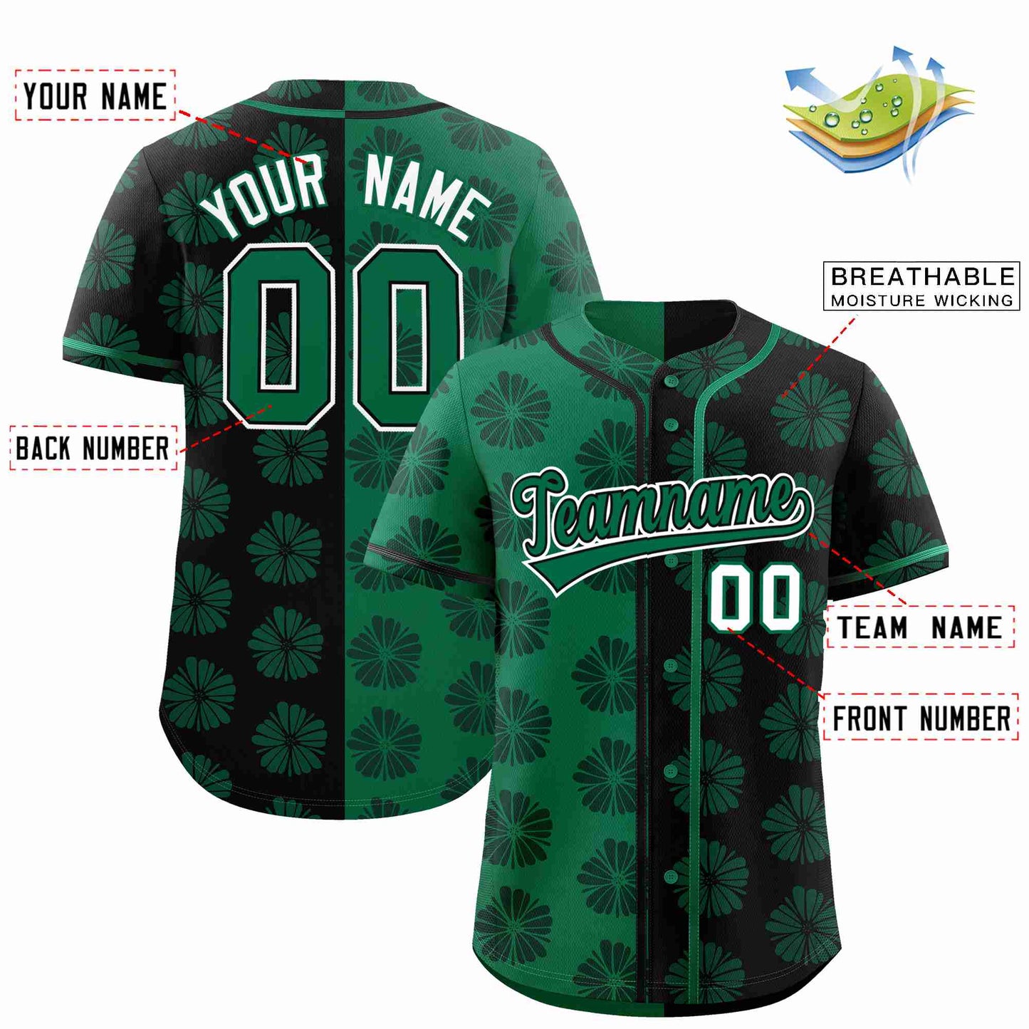 Custom Kelly Green Black Split Fashion Flower Graffiti Pattern Authentic Baseball Jersey