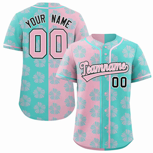 Custom Light Pink Aqua Split Fashion Flower Graffiti Pattern Authentic Baseball Jersey