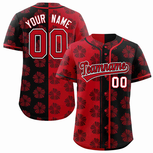 Custom Red Black Split Fashion Flower Graffiti Pattern Authentic Baseball Jersey