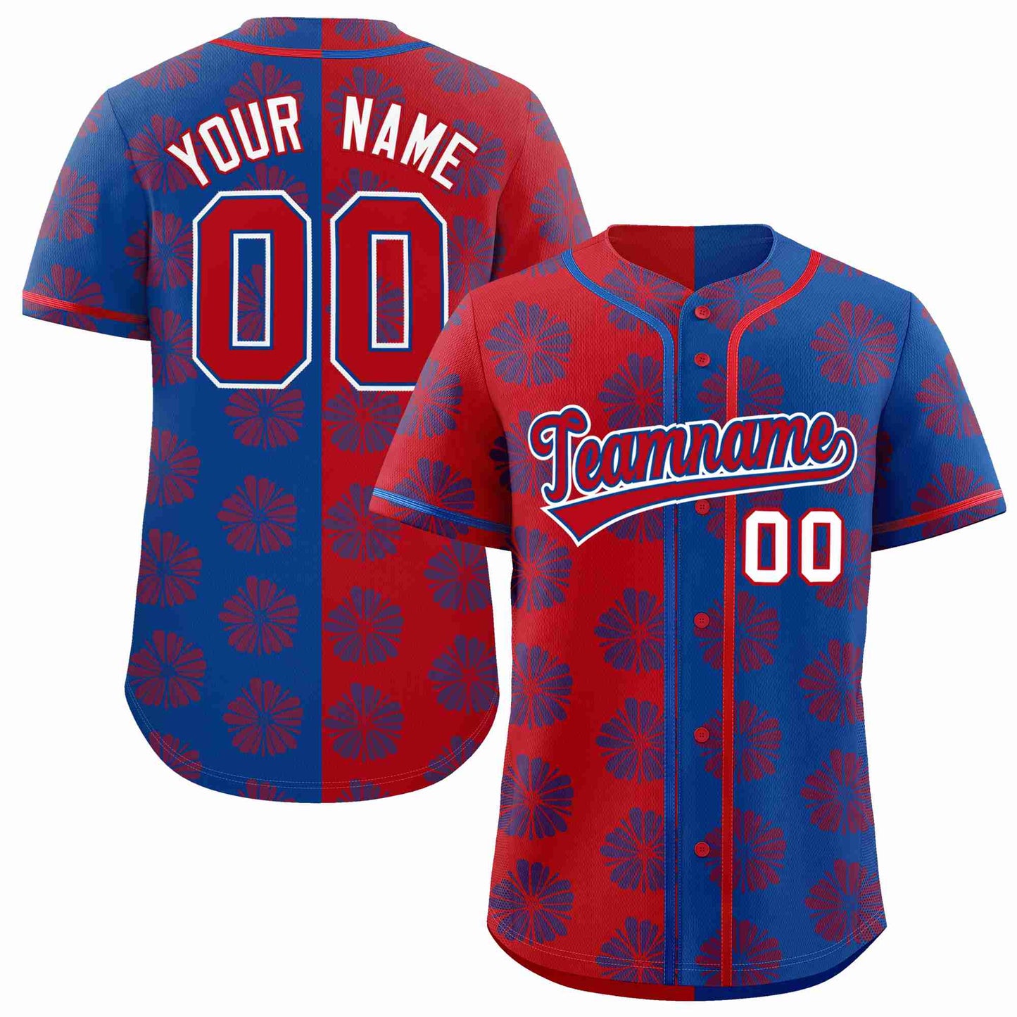 Custom Red Black Split Fashion Flower Graffiti Pattern Authentic Baseball Jersey