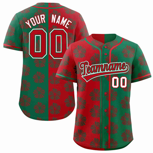 Custom Red Kelly Green Split Fashion Flower Graffiti Pattern Authentic Baseball Jersey