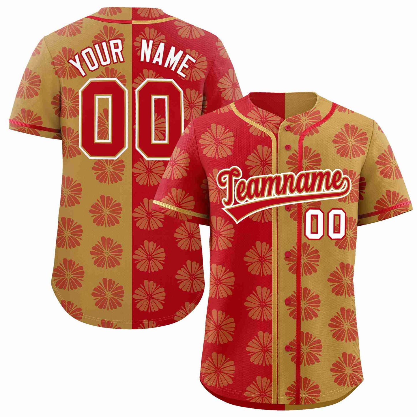 Custom Red Old Gold Split Fashion Flower Graffiti Pattern Authentic Baseball Jersey