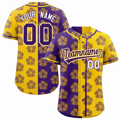 Custom Purple Gold Split Fashion Flower Graffiti Pattern Authentic Baseball Jersey