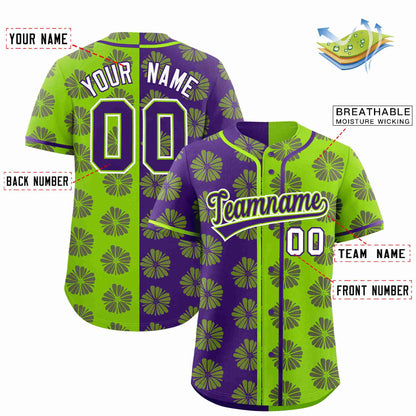 Custom Purple Neon Green Split Fashion Flower Graffiti Pattern Authentic Baseball Jersey