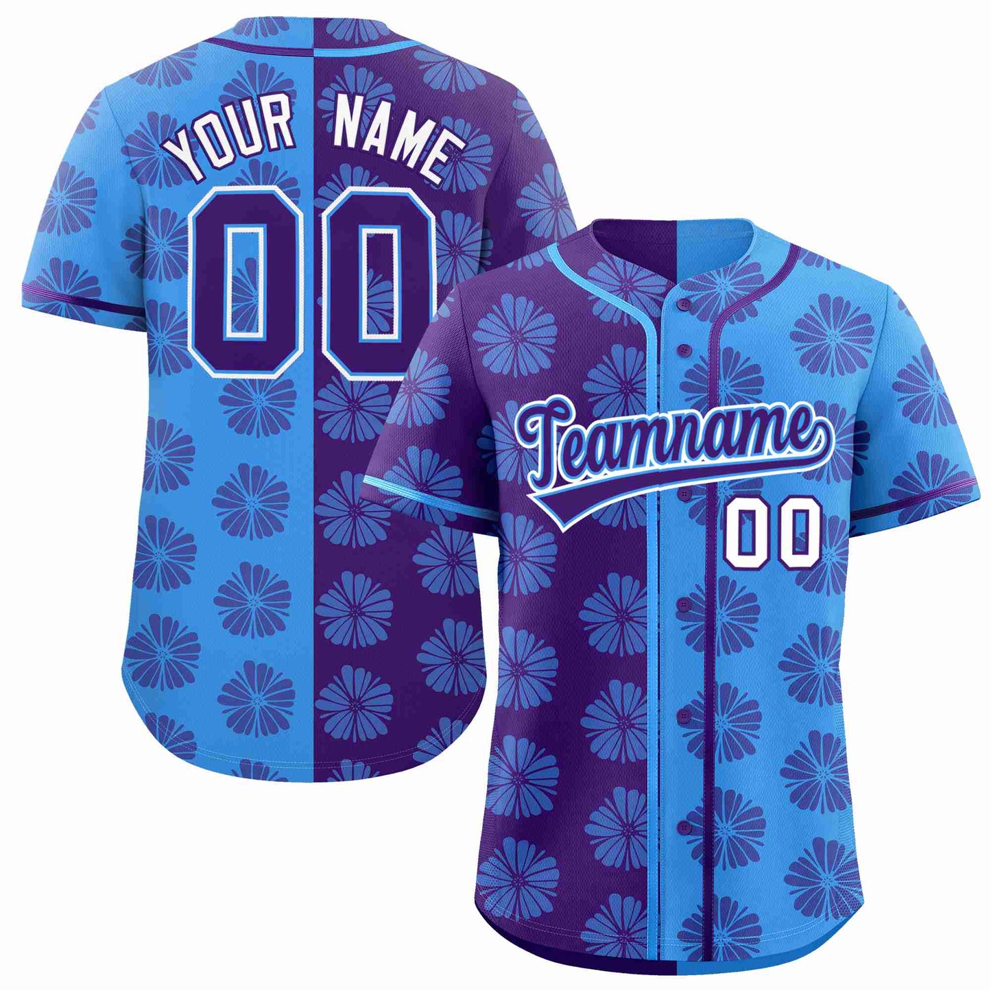 Custom Purple Powder Blue Split Fashion Flower Graffiti Pattern Authentic Baseball Jersey