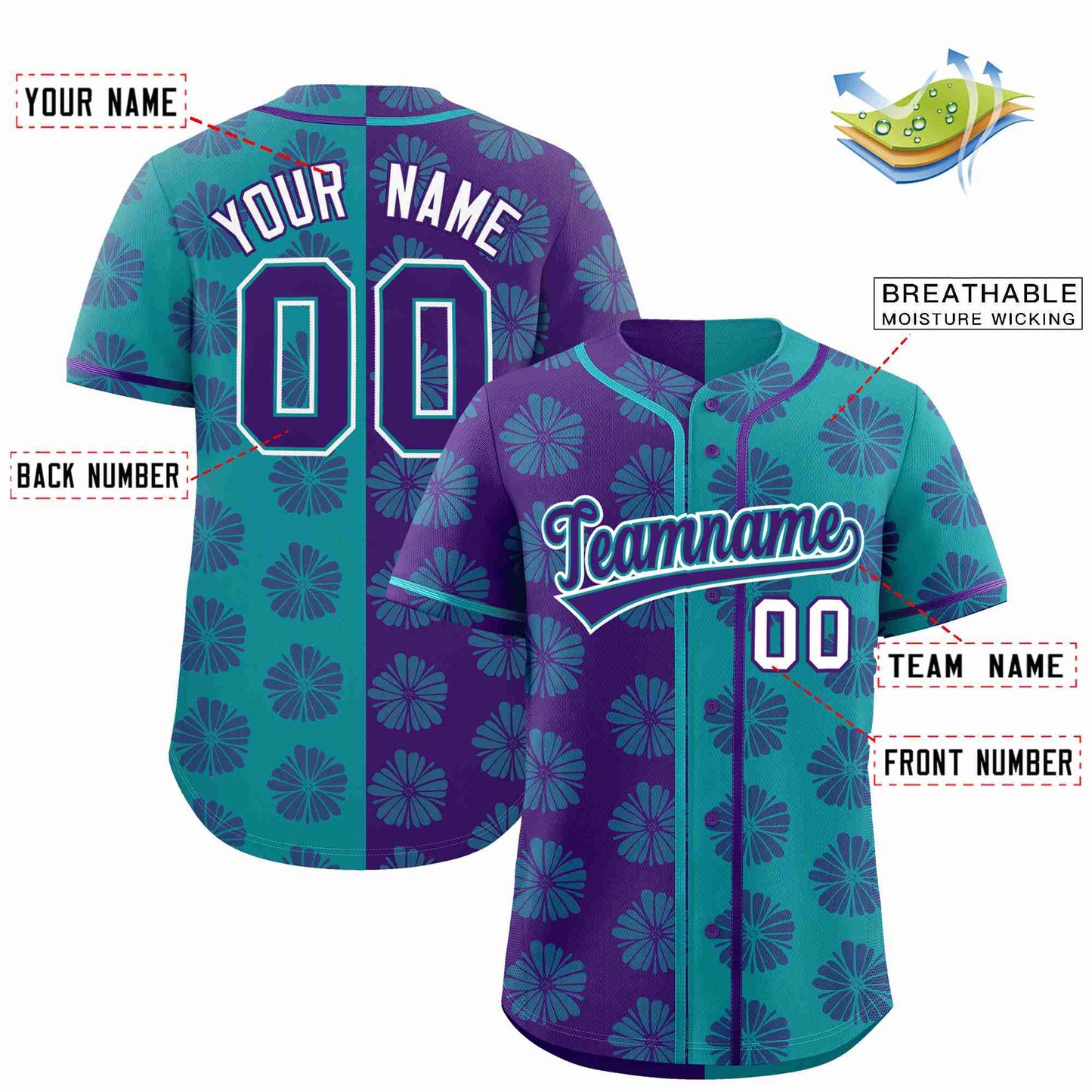 Custom Purple Aqua Split Fashion Flower Graffiti Pattern Authentic Baseball Jersey