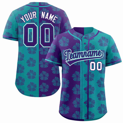 Custom Purple Aqua Split Fashion Flower Graffiti Pattern Authentic Baseball Jersey