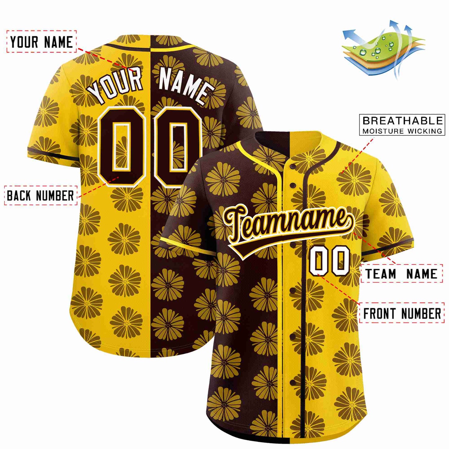 Custom Brown Gold Split Fashion Flower Graffiti Pattern Authentic Baseball Jersey