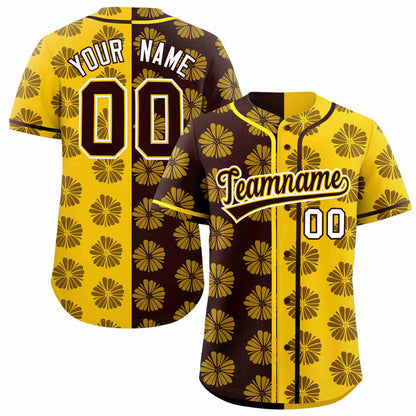 Custom Brown Gold Split Fashion Flower Graffiti Pattern Authentic Baseball Jersey