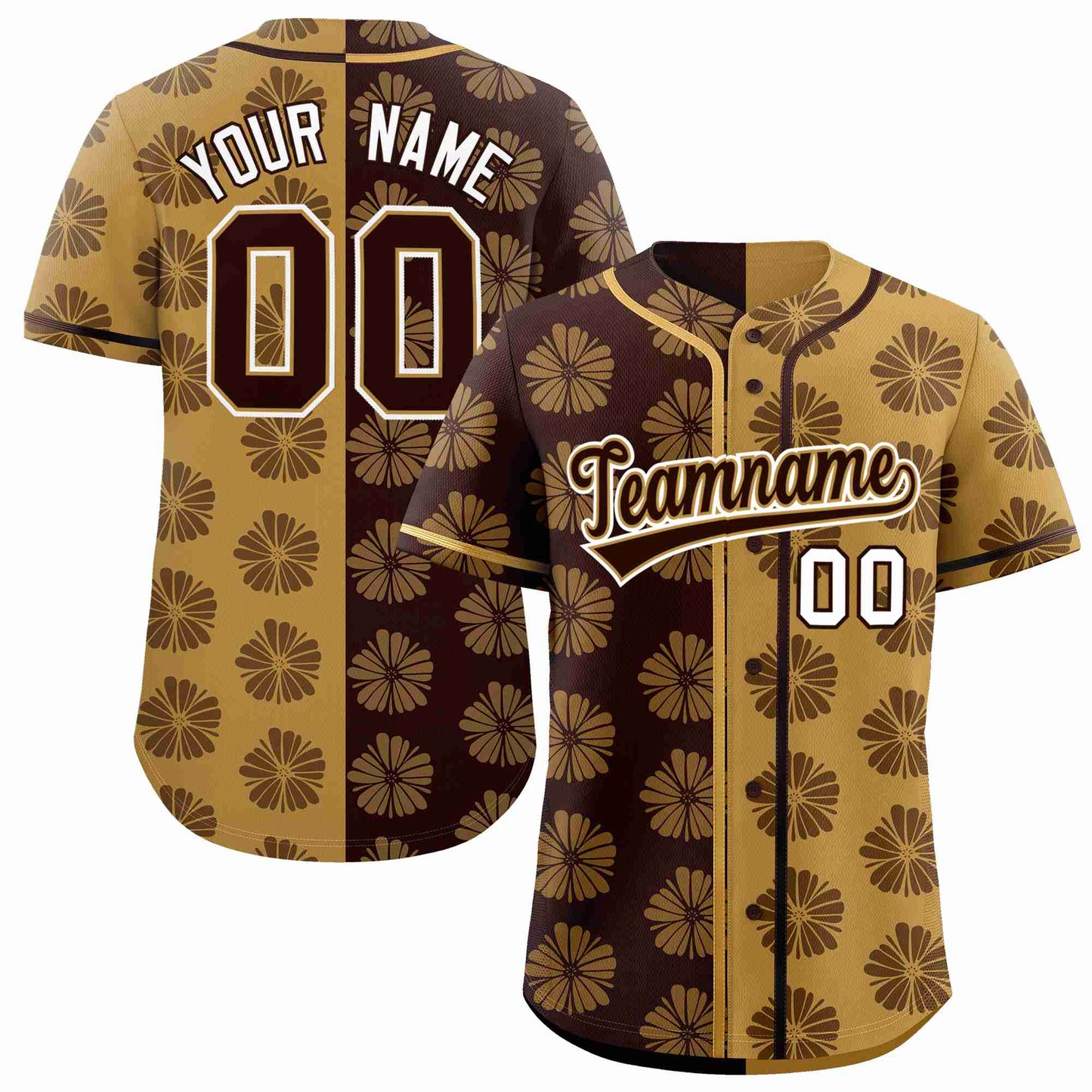 Custom Brown Old Gold Split Fashion Flower Graffiti Pattern Authentic Baseball Jersey