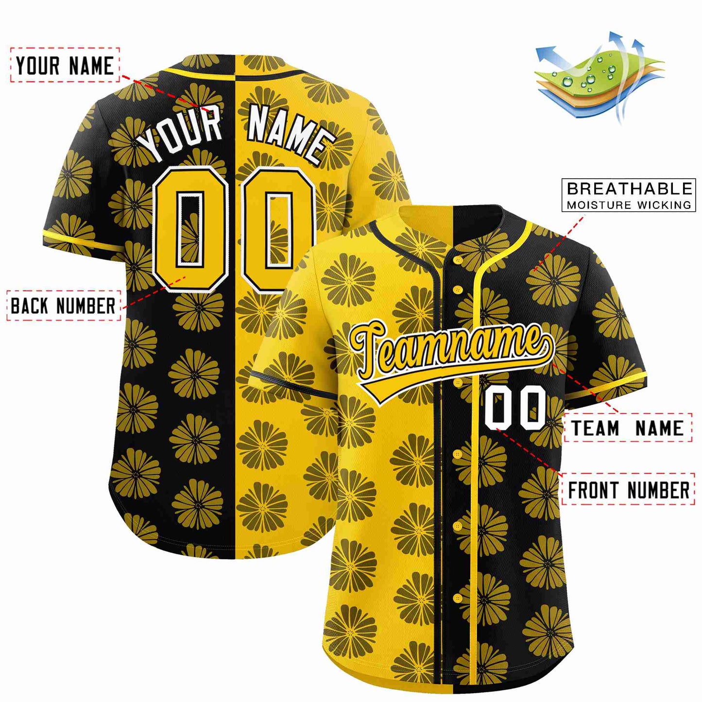 Custom Gold Black Split Fashion Flower Graffiti Pattern Authentic Baseball Jersey