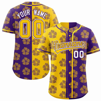 Custom Gold Purple Split Fashion Flower Graffiti Pattern Authentic Baseball Jersey