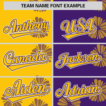 Custom Gold Purple Split Fashion Flower Graffiti Pattern Authentic Baseball Jersey