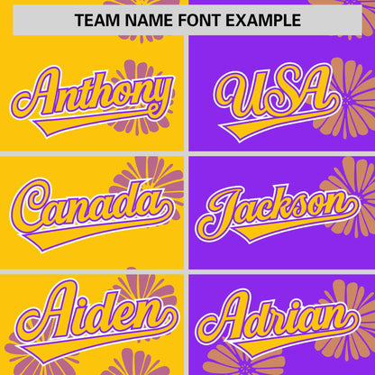 Custom Gold Purple Split Fashion Flower Graffiti Pattern Authentic Baseball Jersey