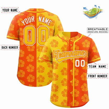 Custom Gold Orange Split Fashion Flower Graffiti Pattern Authentic Baseball Jersey