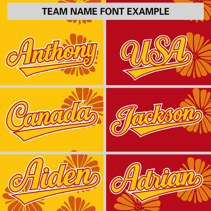 Custom Gold Red Split Fashion Flower Graffiti Pattern Authentic Baseball Jersey