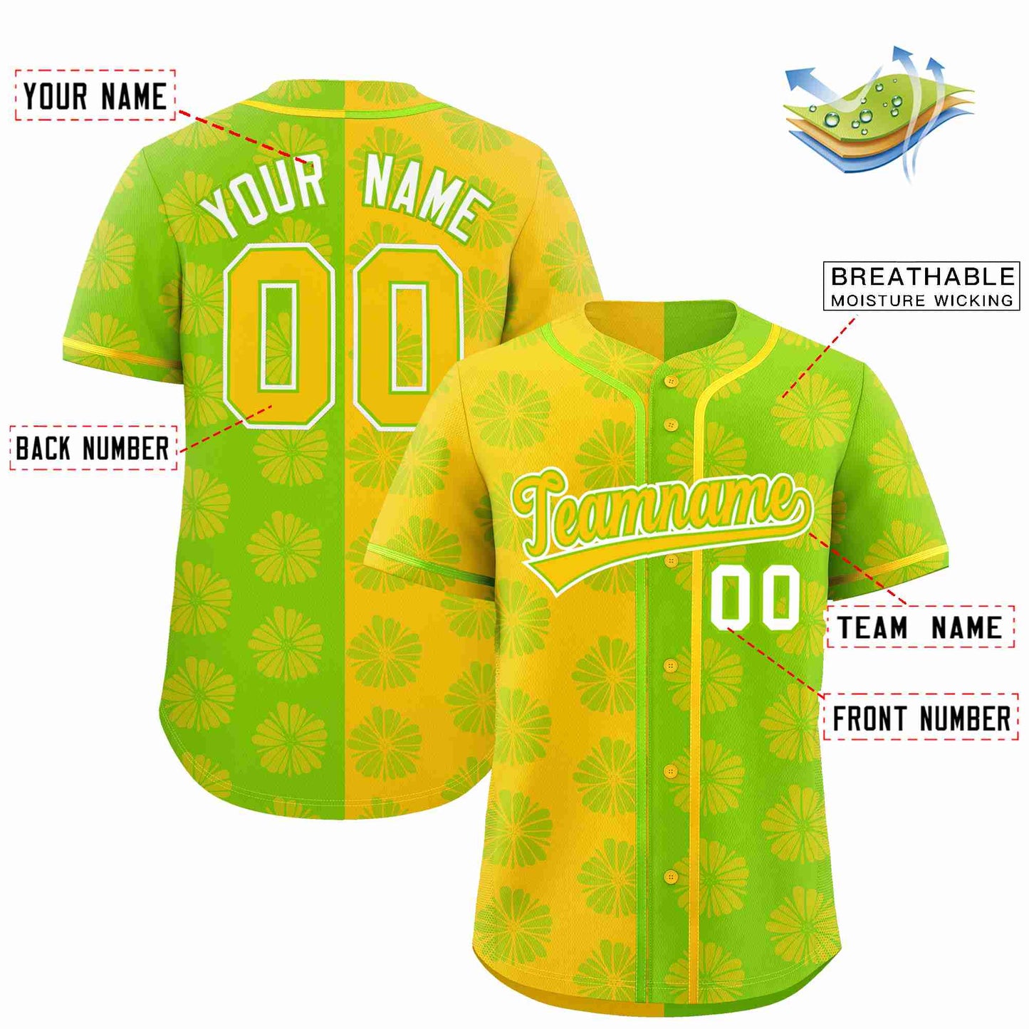 Custom Gold Neon Green Split Fashion Flower Graffiti Pattern Authentic Baseball Jersey